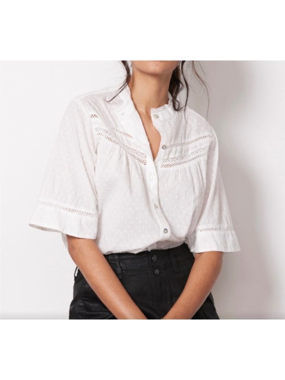Faherty Boho Chic Blouse Swiss Dots Lace Insert Button Up Short Sleeve Cotton Mi
